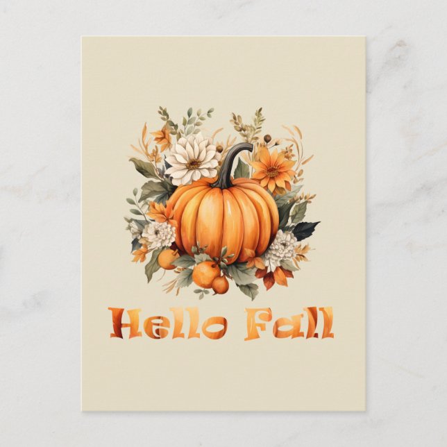 Hello Fall watercolor wildflowers autumn leaves Postcard (Front)