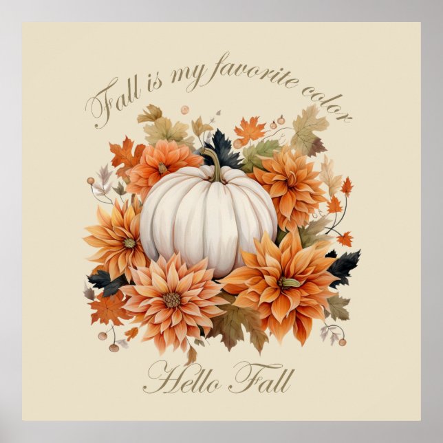 Hello Fall watercolor wildflowers autumn leaves Poster (Front)