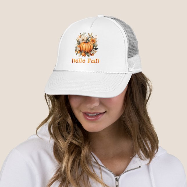 Hello Fall watercolor wildflowers autumn leaves Trucker Hat (In Situ)