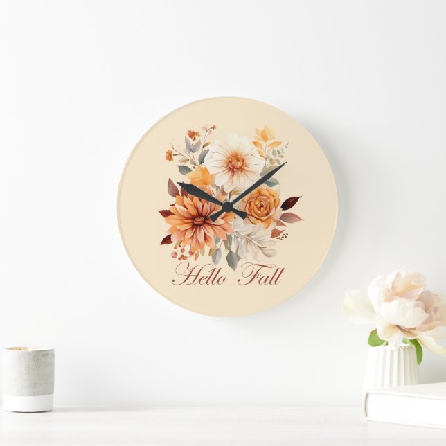 Hello fall Watercolor wildflowers leaves autumn Large Clock (Home)