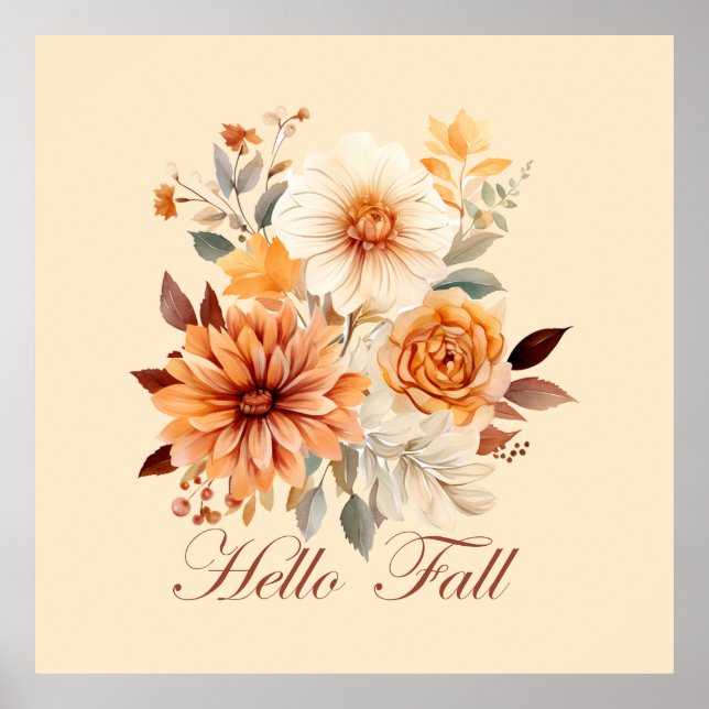 Hello fall Watercolor wildflowers leaves autumn Poster (Front)