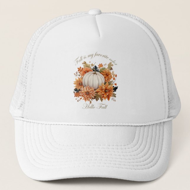 Hello fall watercolor wildflowers leaves autumn trucker hat (Front)