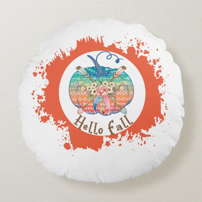 Hello Fall - Whimsical Pumpkin Design Round Cushion (Front)