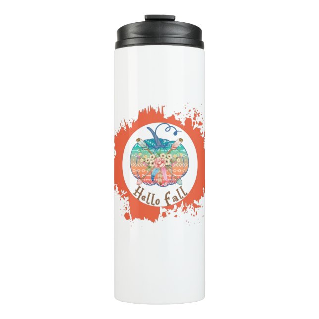 Hello Fall - Whimsical Pumpkin Design Thermal Tumbler (Front)