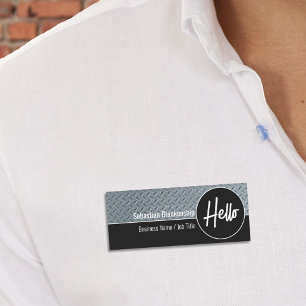 Hello Faux Diamond Plate Professional Name Tag