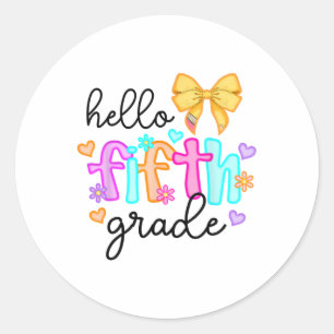 Hello Fifth Grade Teacher Coquette Pencil Bow Back Classic Round Sticker