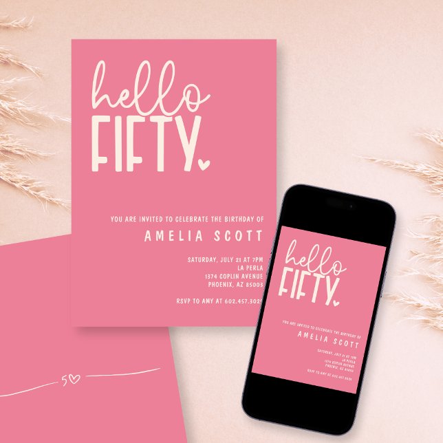 Hello Fifty 50th Birthday Modern Pink Minimal Invitation (Creator Uploaded)