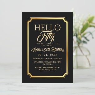 Hello Fifty Black Gold 50th Birthday Invitation
