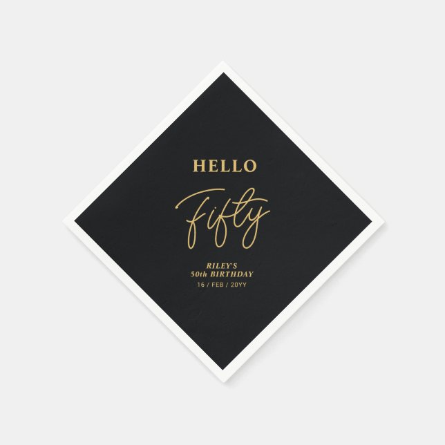 Hello Fifty | Black & Gold 50th Birthday Party Napkin (Corner)