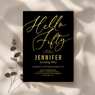 Hello Fifty Black Gold Adult 50th Birthday Invitation