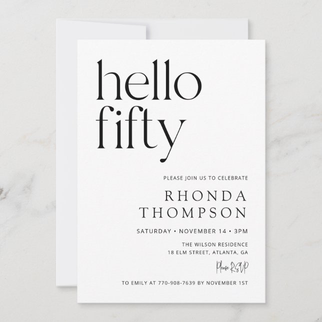 Hello Fifty Classic Simple 50th Birthday Invitation (Front)