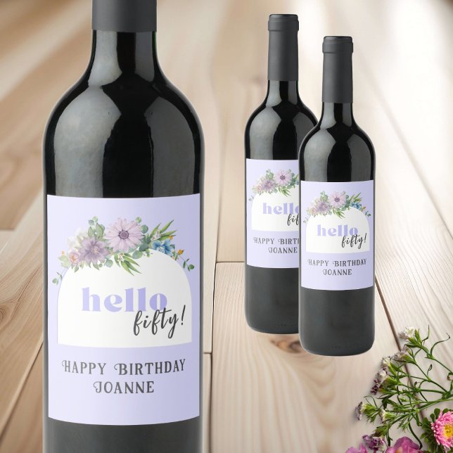 Hello Fifty - Custom delicate florals lavender Wine Label (Creator Uploaded)