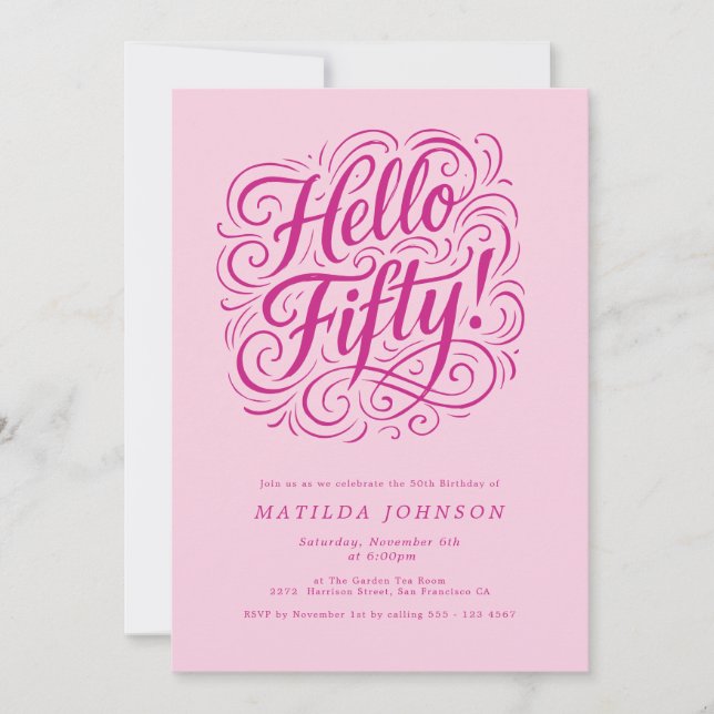 Hello Fifty! Elegant Pink 50th Birthday Party Invitation (Front)