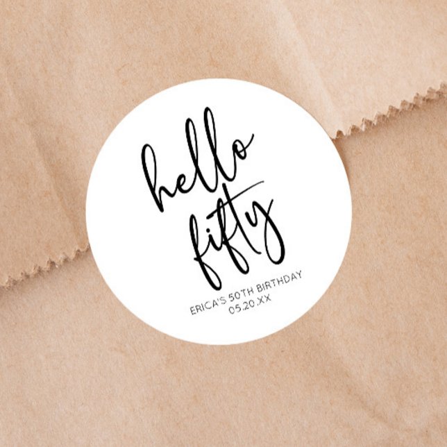 Hello Fifty Minimalist 50th Birthday Party Classic Round Sticker (Creator Uploaded)