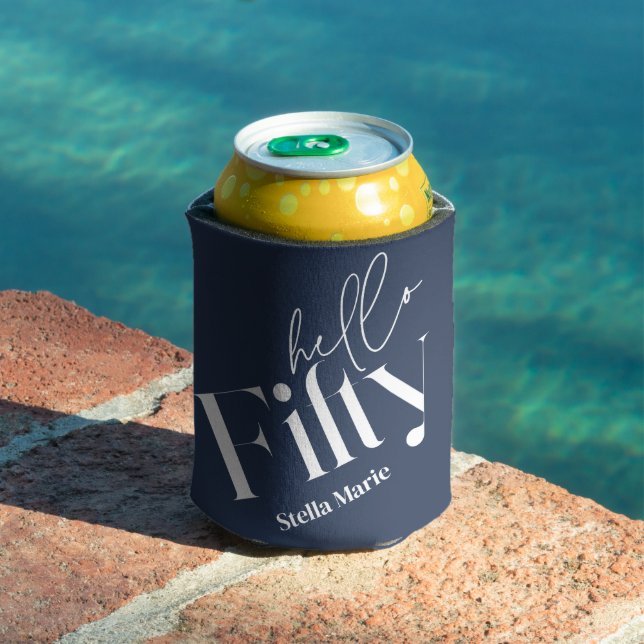 Hello fifty modern minimal navy blue 50th birthday can cooler (In Situ Pool)
