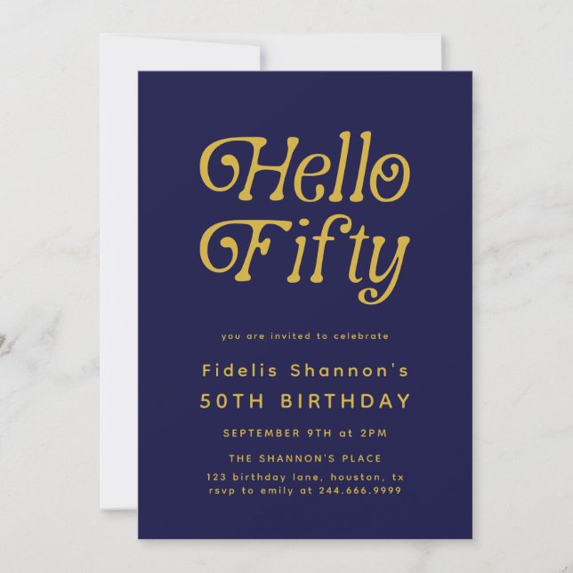 Hello Fifty Modern Retro 50th Birthday  Invitation (Front)