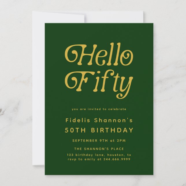 Hello Fifty Modern Retro Green and Gold birthday Invitation (Front)