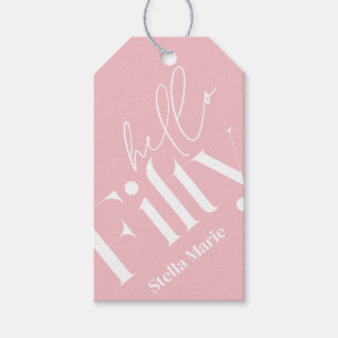 Hello fifty modern simple pink girly 50th birthday gift tags