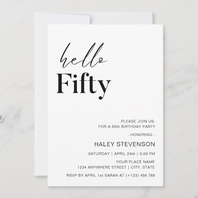 Hello Fifty Modern White Minimalist 50th Birthday Invitation (Front)