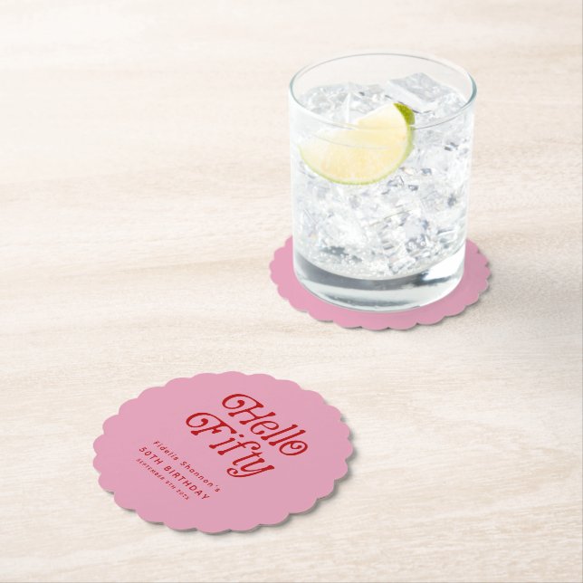Hello Fifty Retro 50th Birthday Party Paper Coaster (Insitu)