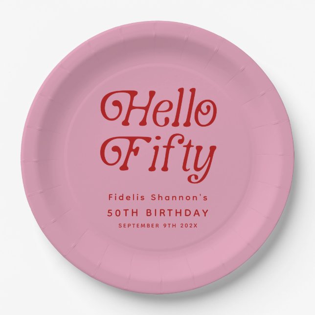 Hello Fifty Retro 50th Birthday Party Paper Plate (Front)