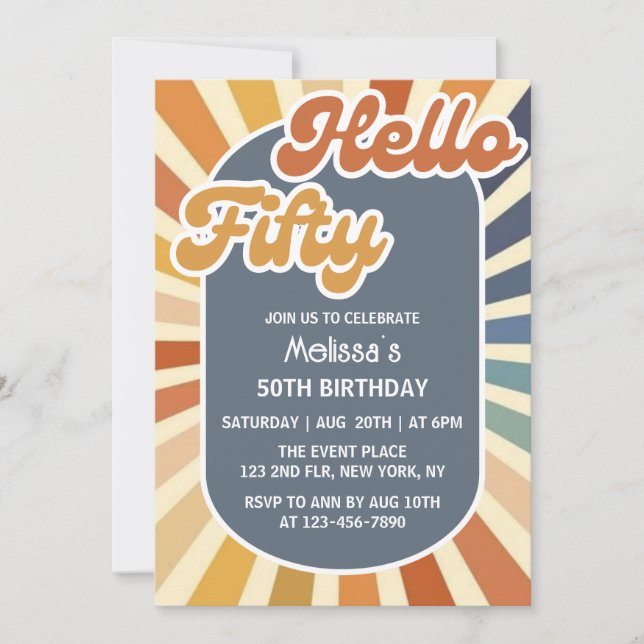 Hello Fifty Retro Sun Groovy Wave 50th Birthday Invitation (Front)