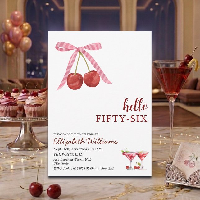 Hello Fifty Six Cherry Martini Birthday Party Invitation (Creator Uploaded)