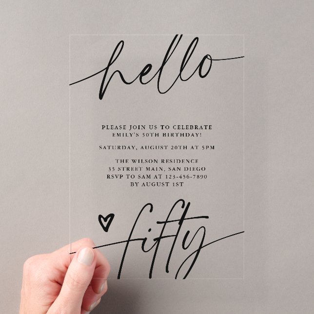 Hello Fifty, Typography Script 50th Birthday Party Acrylic Invitations (Insitu (Handheld))