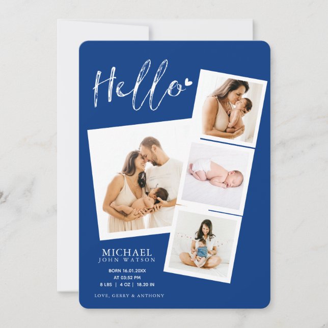 Hello Film Strip Photo Collage Baby Boy Birth Anno Announcement (Front)