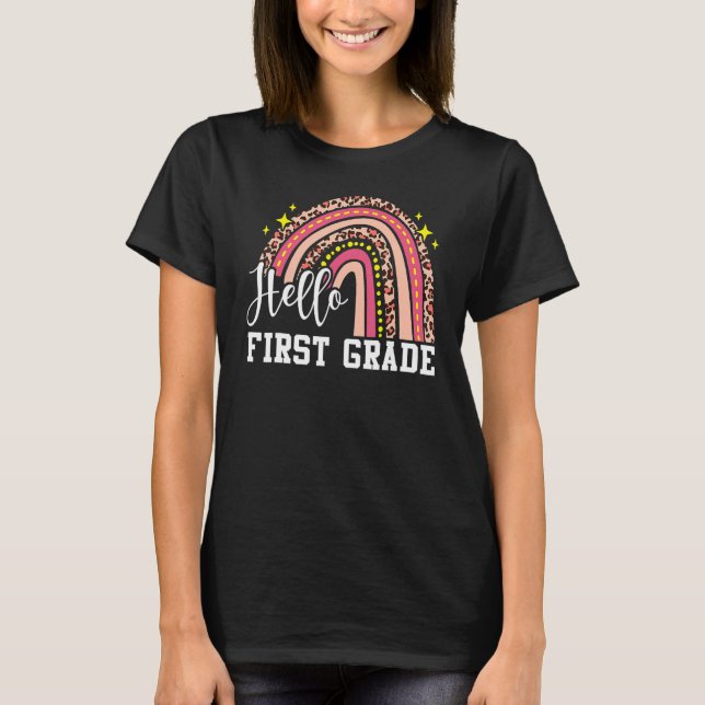 Hello First Grade 1st Grade Rainbow Leopard Back T T-Shirt (Front)