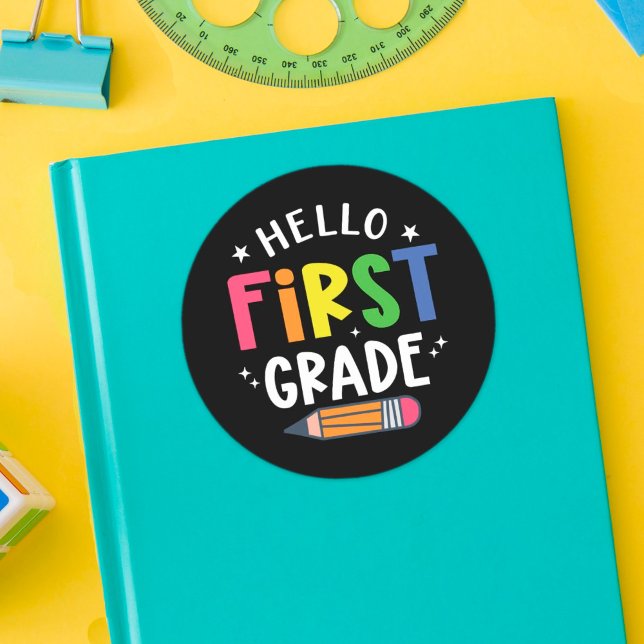 Hello first grade back to school classic round sticker (Creator Uploaded)