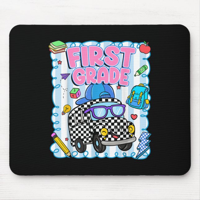 Hello First Grade Bus School Teacher Student Back  Mouse Mat (Front)