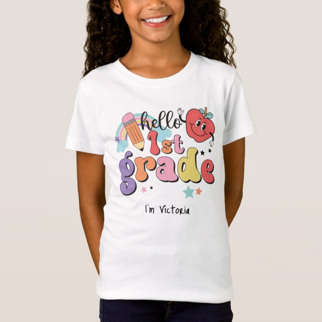 Hello First Grade Colourful Elementary School Whit T-Shirt (Front)