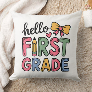 Hello First Grade Coquette Bow Teacher Cushion