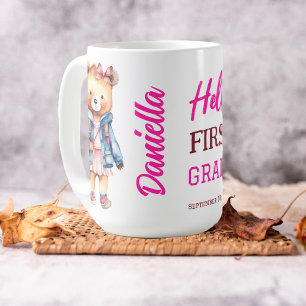 Hello first grade cute teddy bear in a jacket  coffee mug
