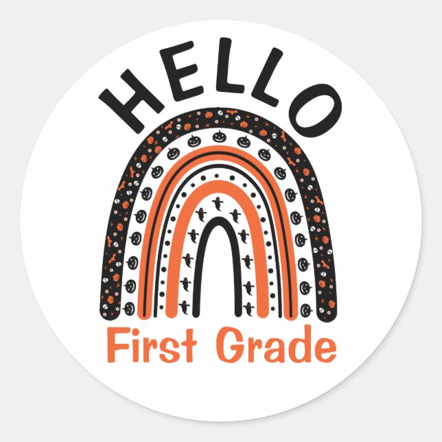 Hello First Grade Halloween teacher boho rainbow Classic Round Sticker (Front)