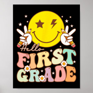 Hello First Grade Hippie Smile Face 1st Grade Back Poster