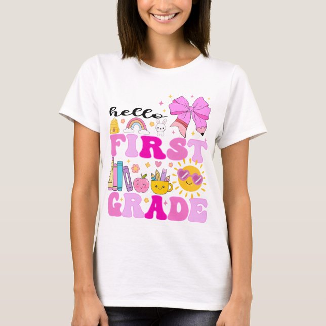 Hello First Grade, Preppy Back to School T-Shirt (Front)