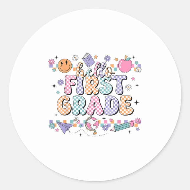 Hello First Grade Retro Back To School Coquette Te Classic Round Sticker (Front)