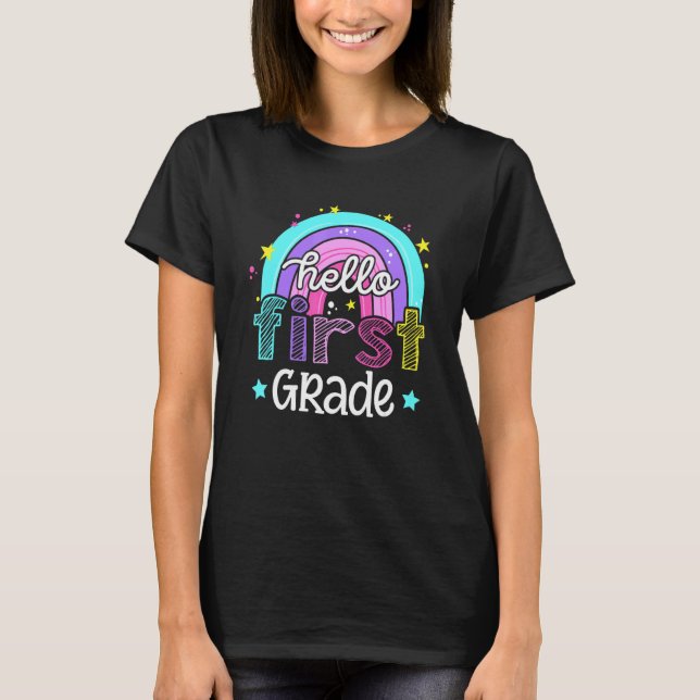 Hello First Grade Teacher Boho Rainbow First Day O T-Shirt (Front)