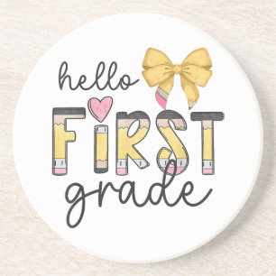 Hello First Grade Teacher Coquette Pencil Bow Back Coaster