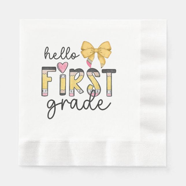 Hello First Grade Teacher Coquette Pencil Bow Back Napkin (Front)