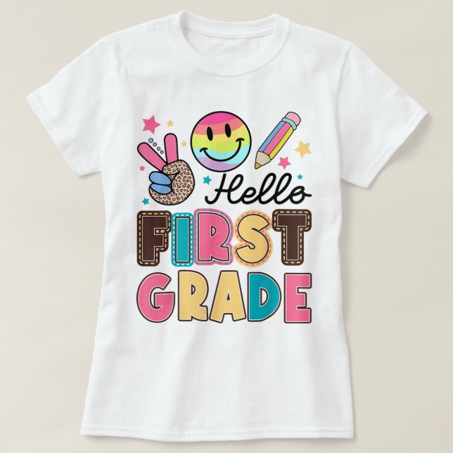 Hello First Grade Teacher Coquette Pencil Bow T-Shirt (Design Front)