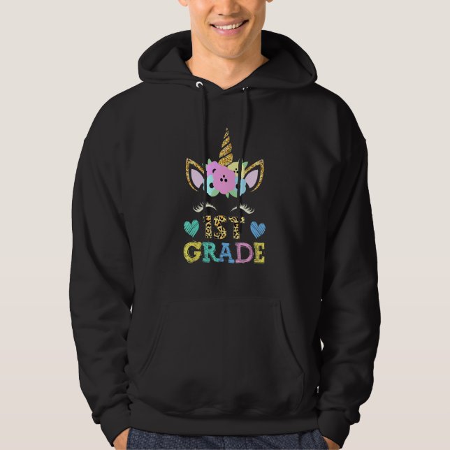 Hello First Grade Unicorn Face 1st Day Leopard Tea Hoodie (Front)