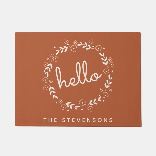Hello Floral Wreath Rustic Terracotta Personalised Doormat (Front)