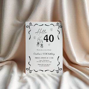 Hello Forty 40th Birthday Elegant Black White Bow Invitation