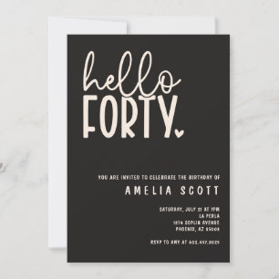 Hello Forty 40th Birthday Modern Black Minimal  Invitation