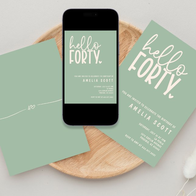 Hello Forty 40th Birthday Modern Sage Minimal Invitation (Creator Uploaded)