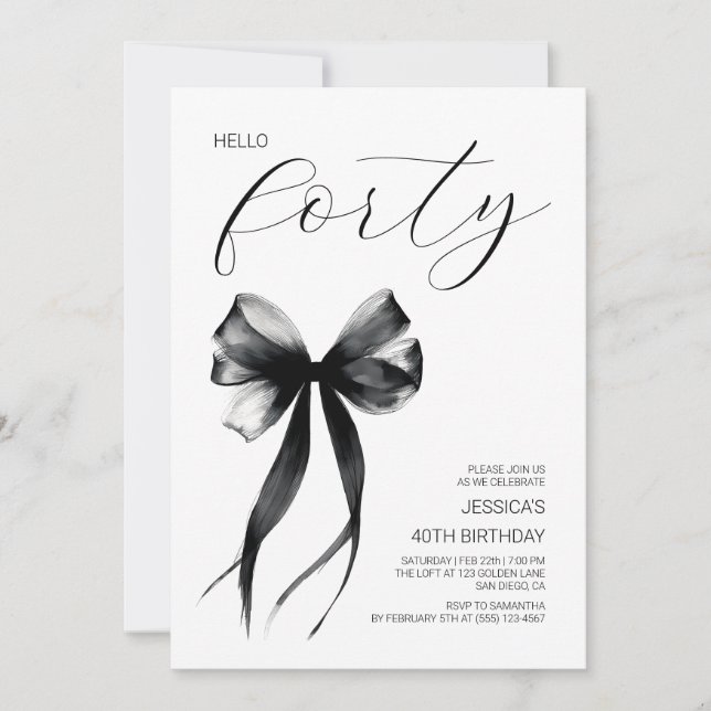 Hello Forty Black Bow Elegant 40th Birthday Party Invitation (Front)