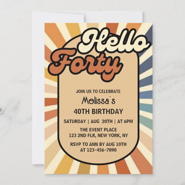 Hello Forty Brown Retro Sun Groovy Wave Birthday Invitation (Front)